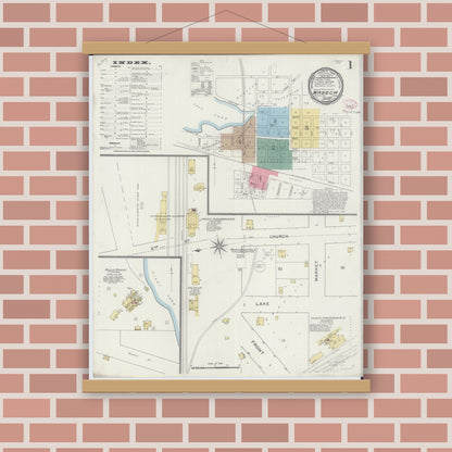 Old map wall art mockup — magnetic wood frame on brick wall — Sanborn Fire Insurance Map from Waseca, Waseca County, Minnesota (1894), Sheet #0001