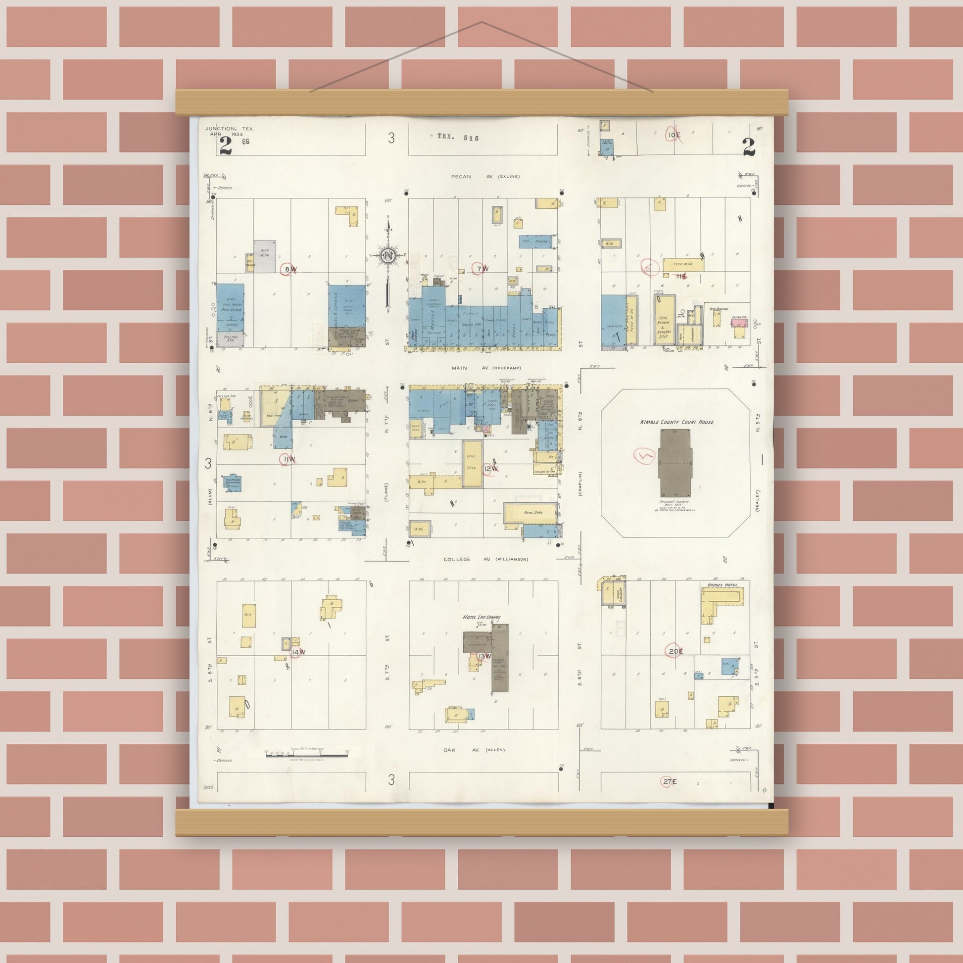 Old map wall art mockup — magnetic wood frame on brick wall — Sanborn Fire Insurance Map from Junction, Kimble County, Texas (1942), Sheet #0002