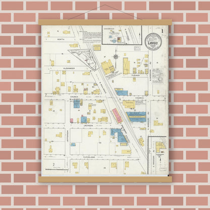 Old map wall art mockup — magnetic wood frame on brick wall — Sanborn Fire Insurance Map from Largo, Pinellas County, Florida (1917), Sheet #0001