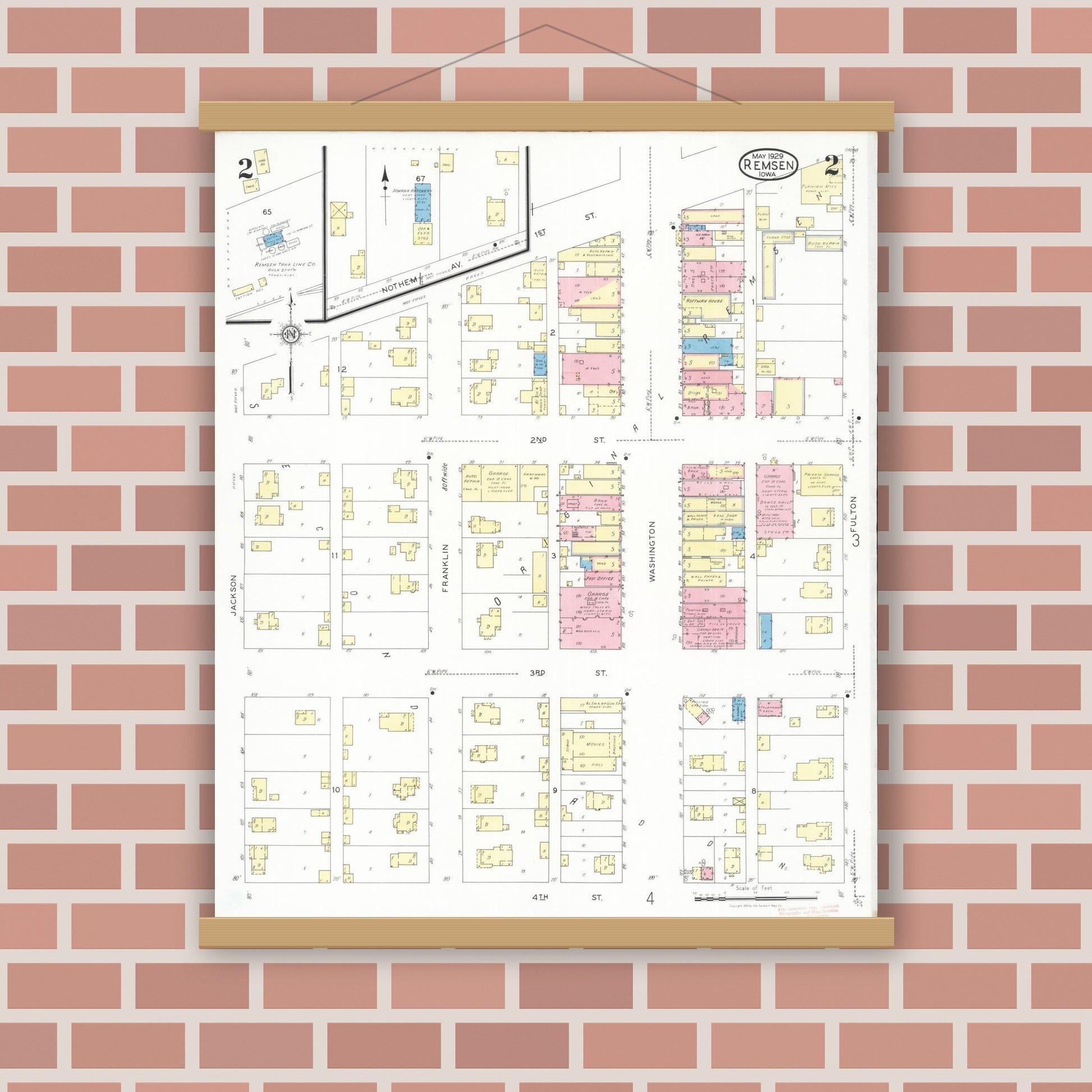Old map wall art mockup — magnetic wood frame on brick wall — Sanborn Fire Insurance Map from Remsen, Plymouth County, Iowa (1929), Sheet #0002