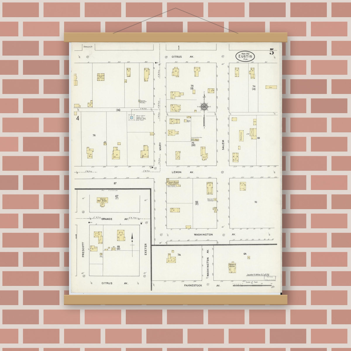 Old map wall art mockup — magnetic wood frame on brick wall — Sanborn Fire Insurance Map from Eustis, Lake County, Florida (1912), Sheet #0005