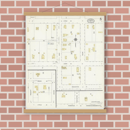 Old map wall art mockup — magnetic wood frame on brick wall — Sanborn Fire Insurance Map from Eustis, Lake County, Florida (1912), Sheet #0005