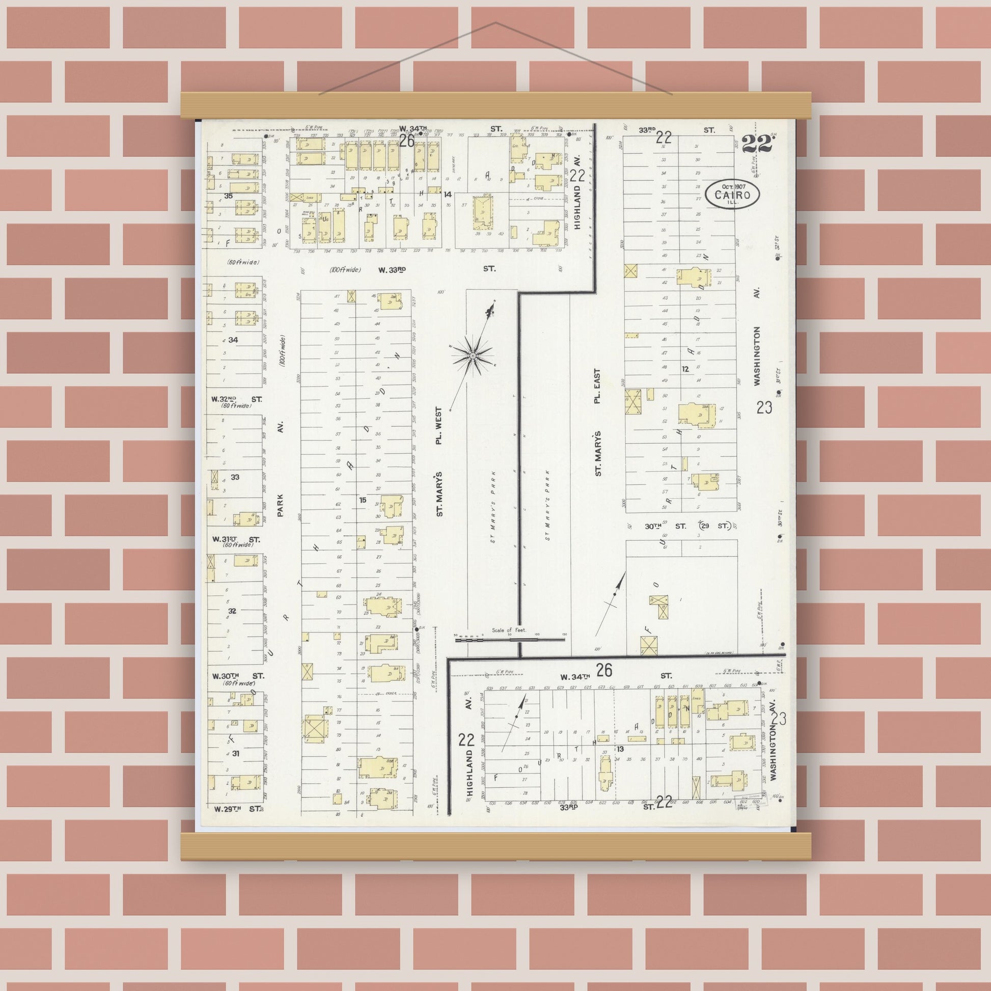 Old map wall art mockup — magnetic wood frame on brick wall — Sanborn Fire Insurance Map from Cairo, Alexander County, Illinois (1907), Sheet #0022