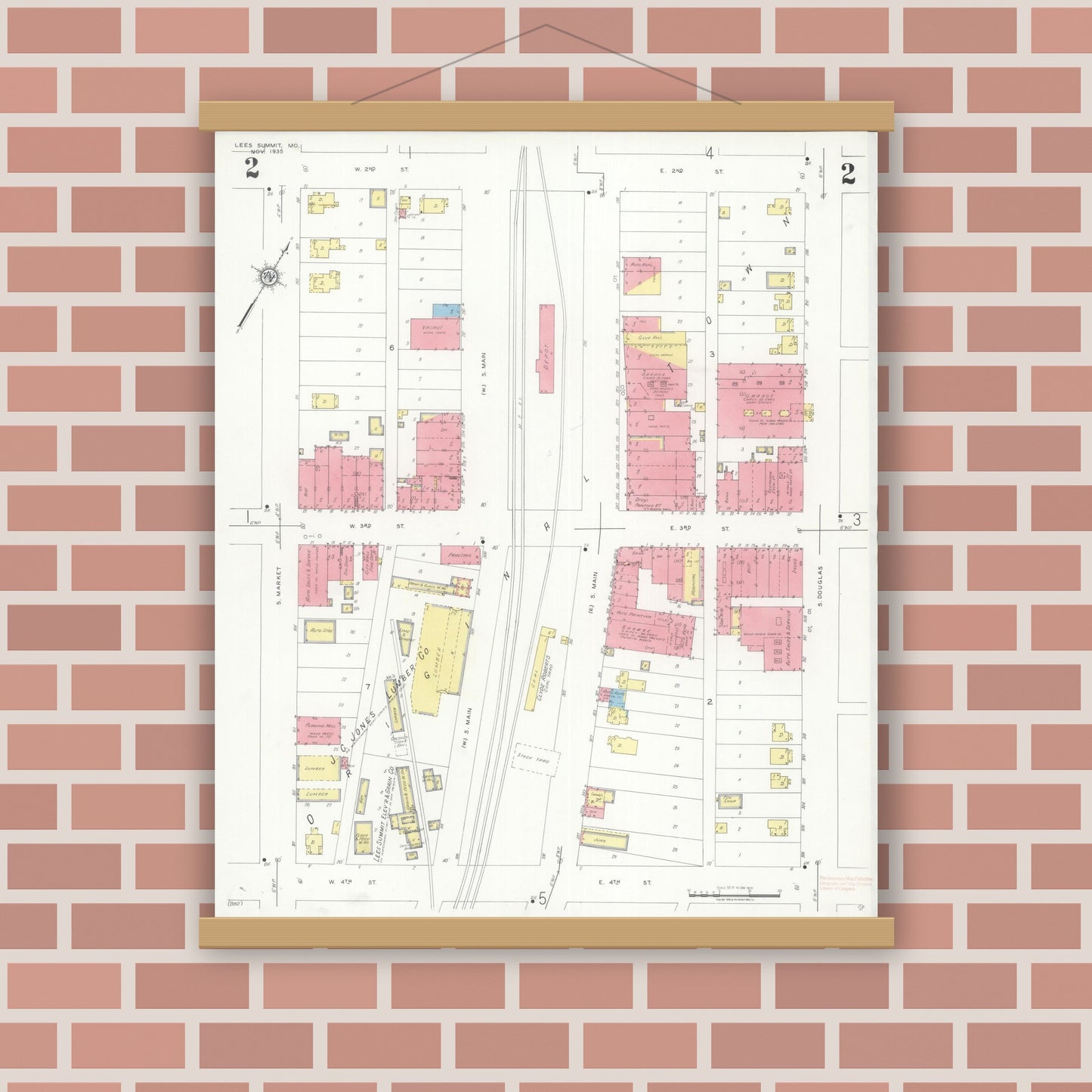 Old map wall art mockup — magnetic wood frame on brick wall — Sanborn Fire Insurance Map from Lee's Summit, Jackson County, Missouri (1935), Sheet #0002