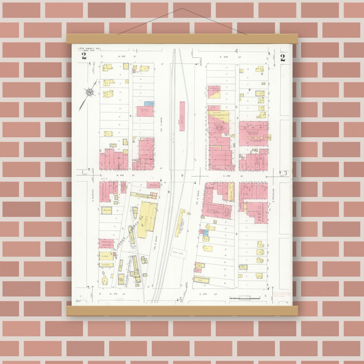 Old map wall art mockup — magnetic wood frame on brick wall — Sanborn Fire Insurance Map from Lee's Summit, Jackson County, Missouri (1935), Sheet #0002
