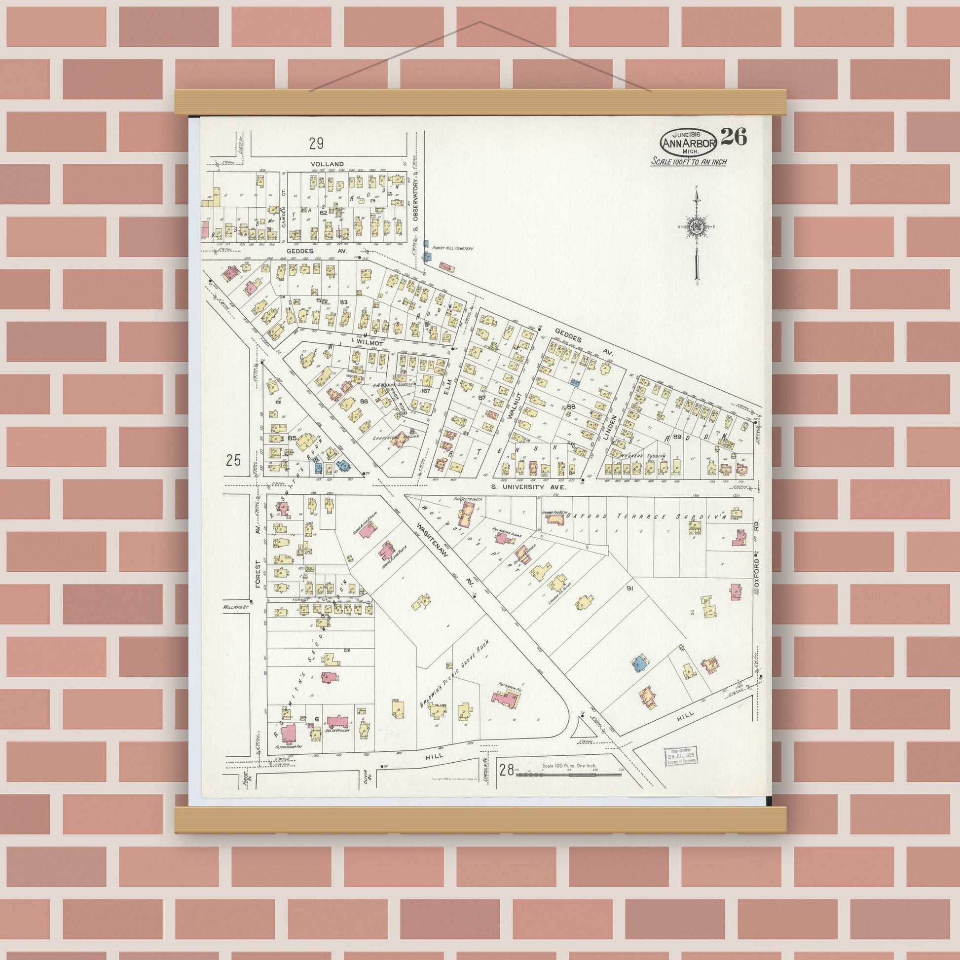 Old map wall art mockup — magnetic wood frame on brick wall — Sanborn Fire Insurance Map from Ann Arbor, Washtenaw County, Michigan (1916), Sheet #0026