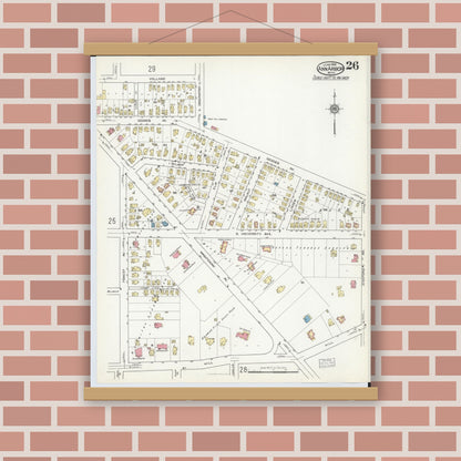 Old map wall art mockup — magnetic wood frame on brick wall — Sanborn Fire Insurance Map from Ann Arbor, Washtenaw County, Michigan (1916), Sheet #0026
