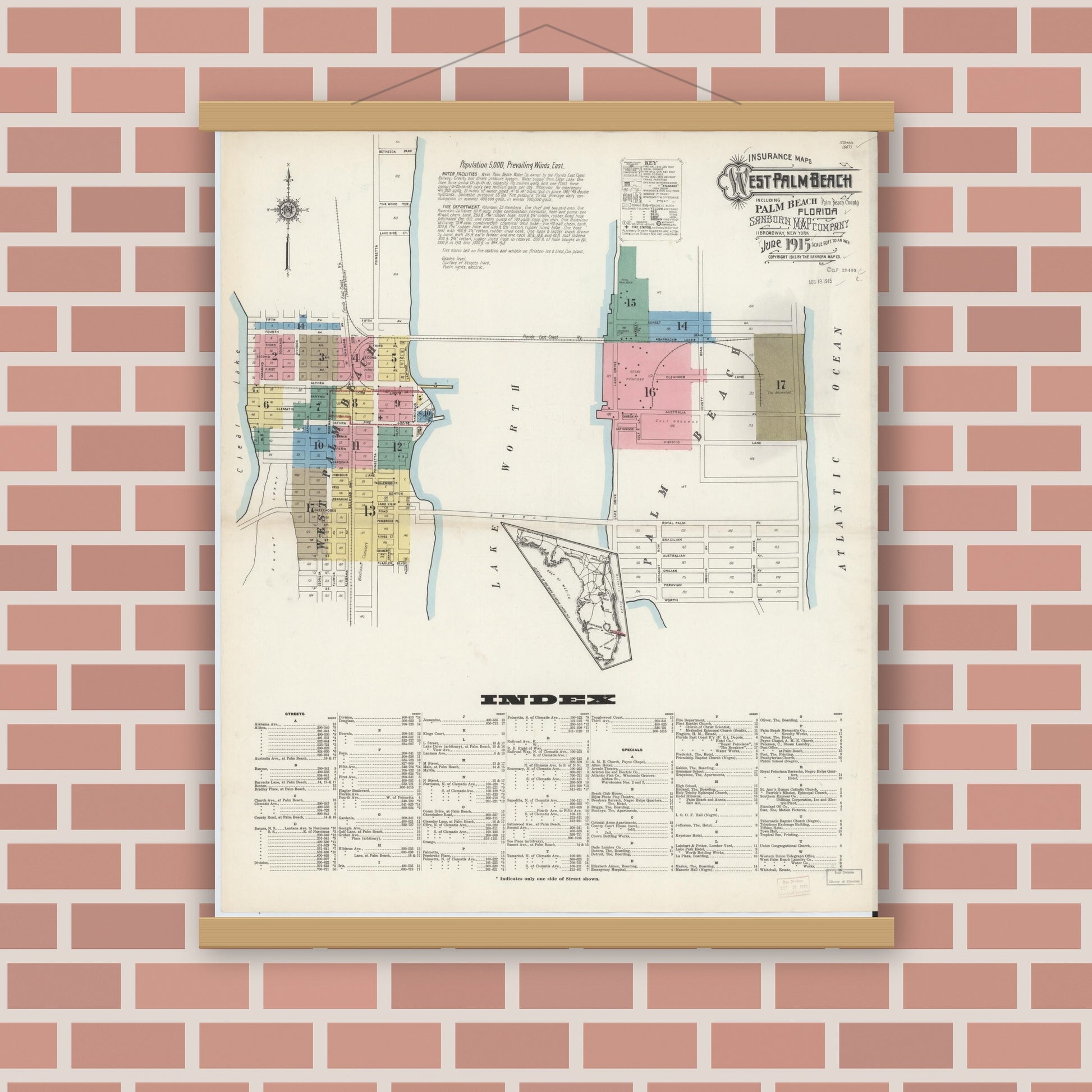 Old map wall art mockup — magnetic wood frame on brick wall — Sanborn Fire Insurance Map from West Palm Beach, Dade County, Florida (1915) - Complete Map Set