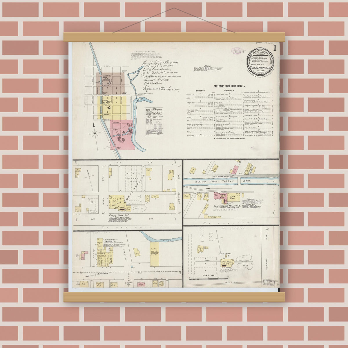 Old map wall art mockup — magnetic wood frame on brick wall — Sanborn Fire Insurance Map from Connersville, Fayette County, Indiana (1887) - Complete Map Set
