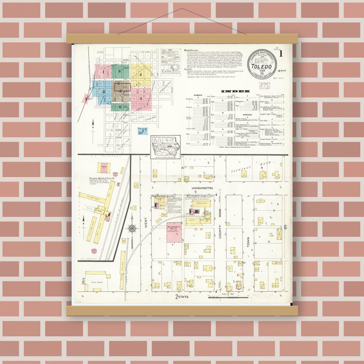 Old map wall art mockup — magnetic wood frame on brick wall — Sanborn Fire Insurance Map from Toledo, Tama County, Iowa (1915), Sheet #0001