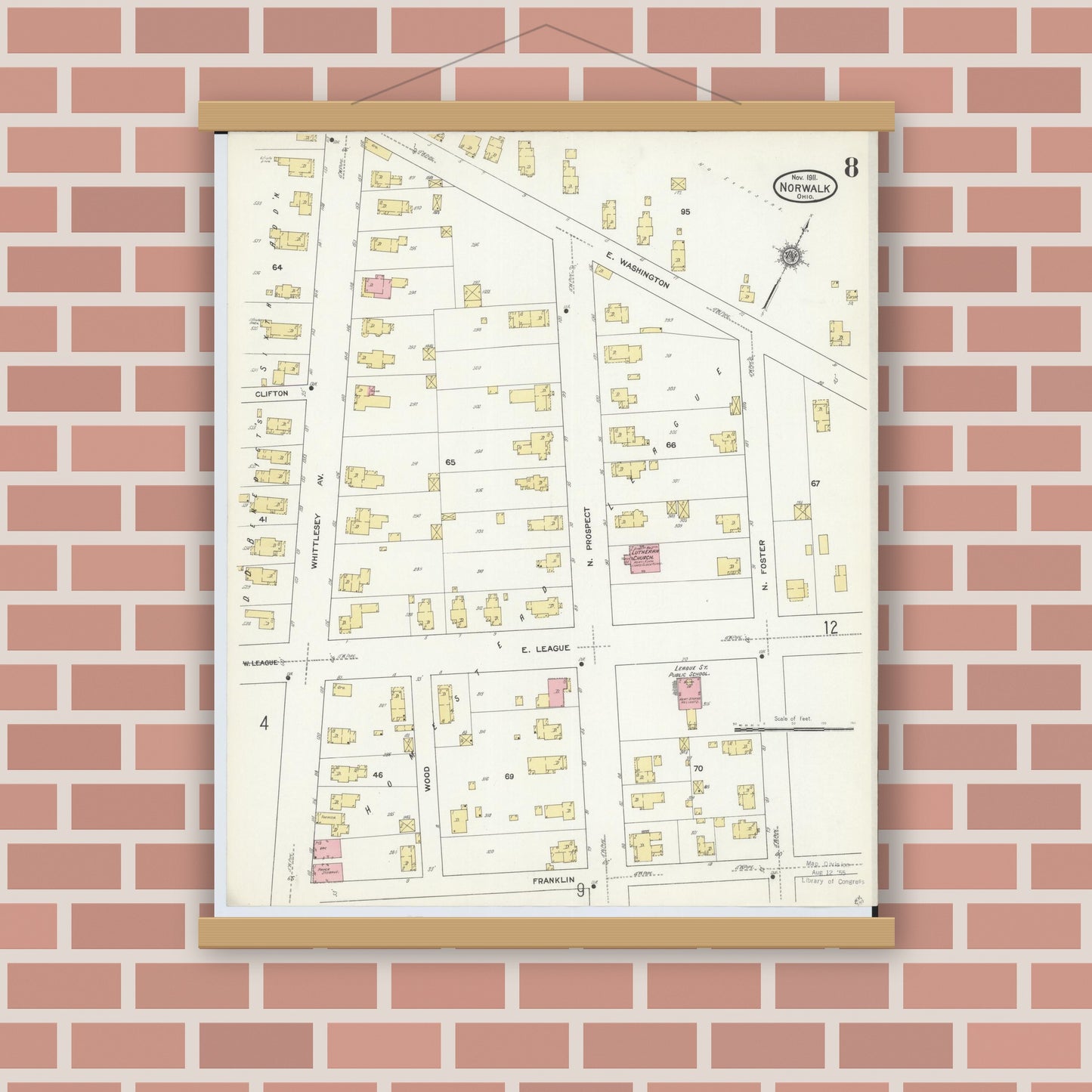 Old map wall art mockup — magnetic wood frame on brick wall — Sanborn Fire Insurance Map from Norwalk, Huron County, Ohio (1911), Sheet #0008
