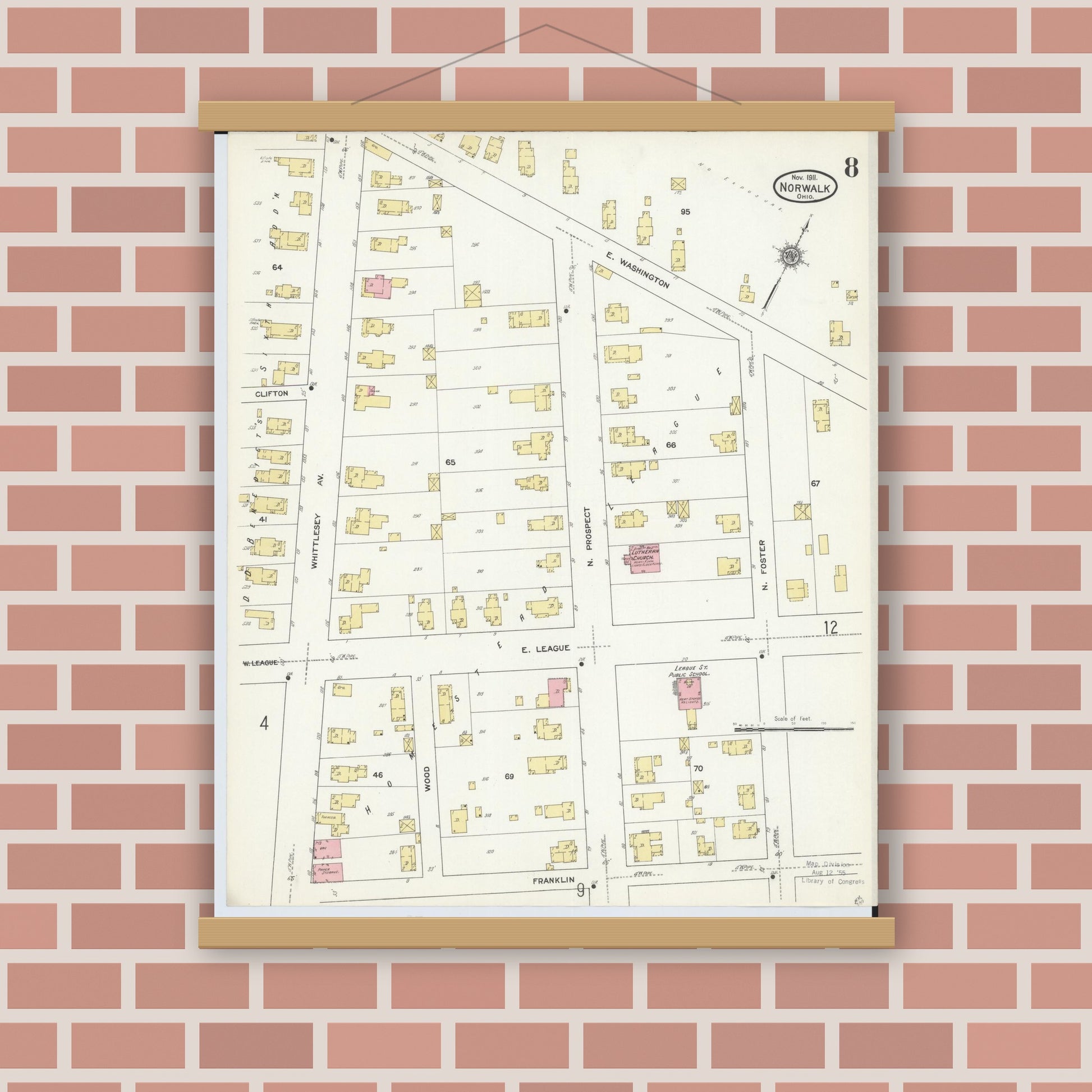 Old map wall art mockup — magnetic wood frame on brick wall — Sanborn Fire Insurance Map from Norwalk, Huron County, Ohio (1911), Sheet #0008