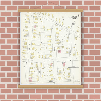Old map wall art mockup — magnetic wood frame on brick wall — Sanborn Fire Insurance Map from Norwalk, Huron County, Ohio (1911), Sheet #0008
