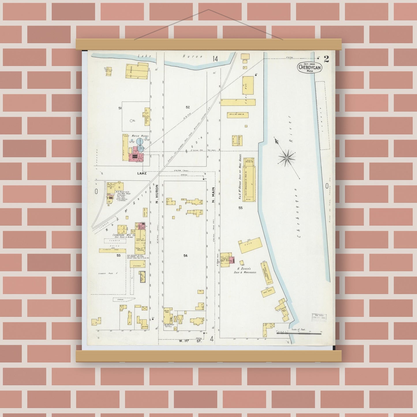 Old map wall art mockup — magnetic wood frame on brick wall — Sanborn Fire Insurance Map from Cheboygan, Cheboygan County, Michigan (1900), Sheet #0002