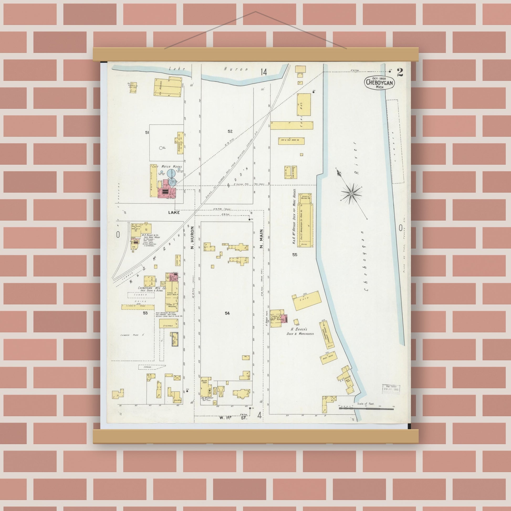 Old map wall art mockup — magnetic wood frame on brick wall — Sanborn Fire Insurance Map from Cheboygan, Cheboygan County, Michigan (1900), Sheet #0002