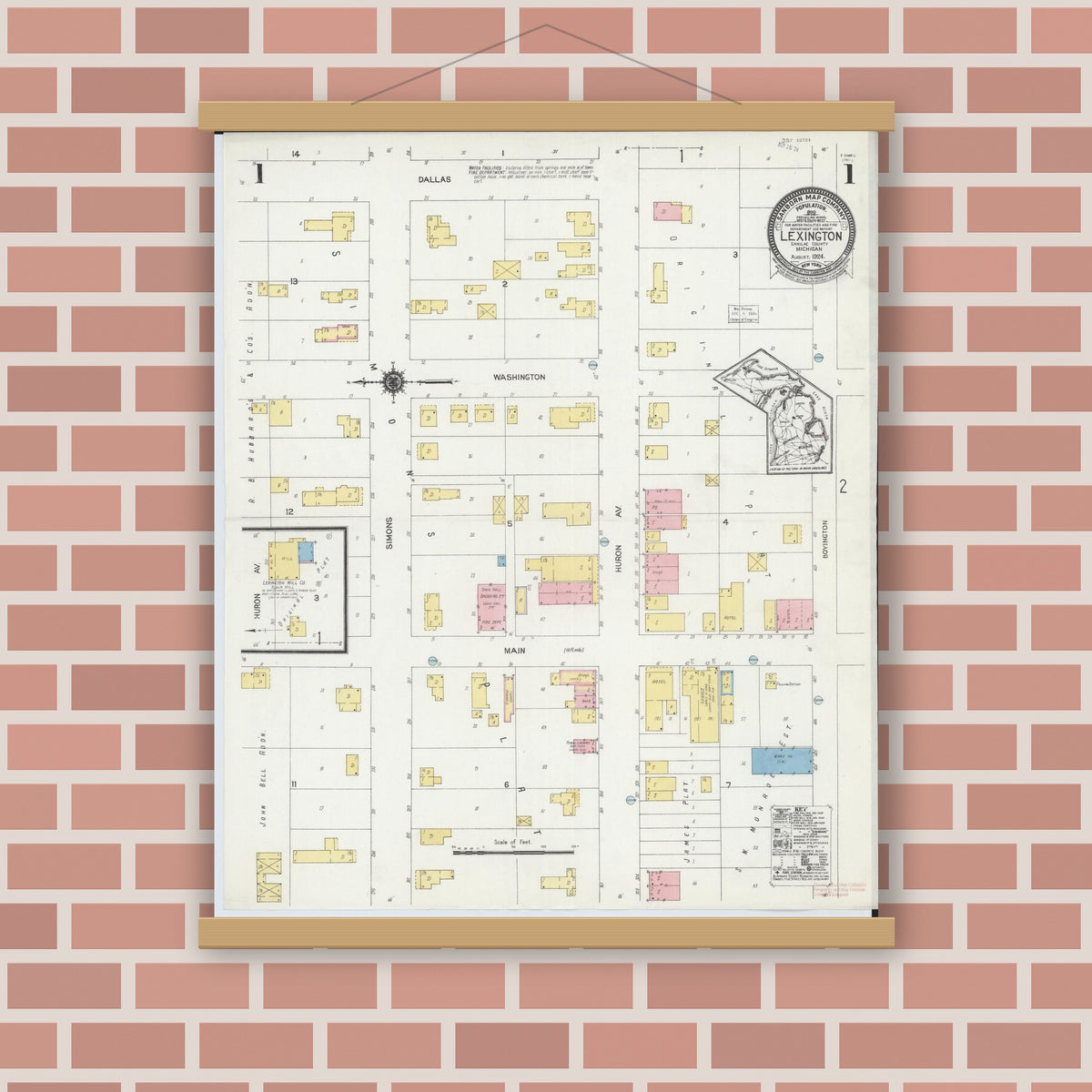 Old map wall art mockup — magnetic wood frame on brick wall — Sanborn Fire Insurance Map from Lexington, Sanilac County, Michigan (1924), Sheet #0001