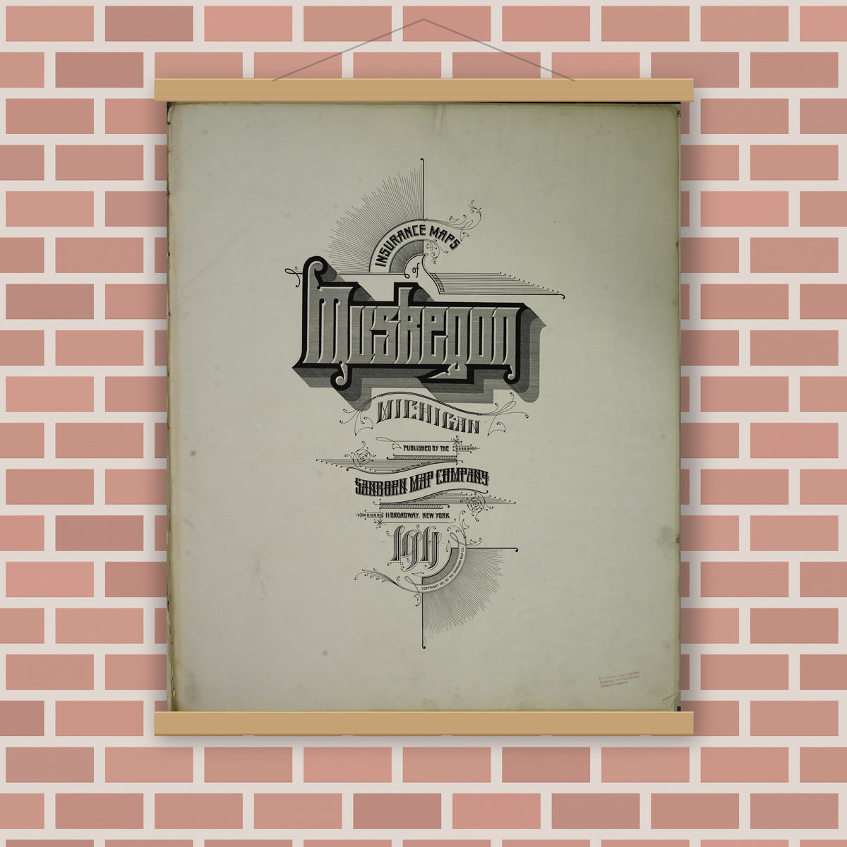 Old map wall art mockup — magnetic wood frame on brick wall — Sanborn Fire Insurance Map from Muskegon, Muskegon County, Michigan (1911), Sheet #0001