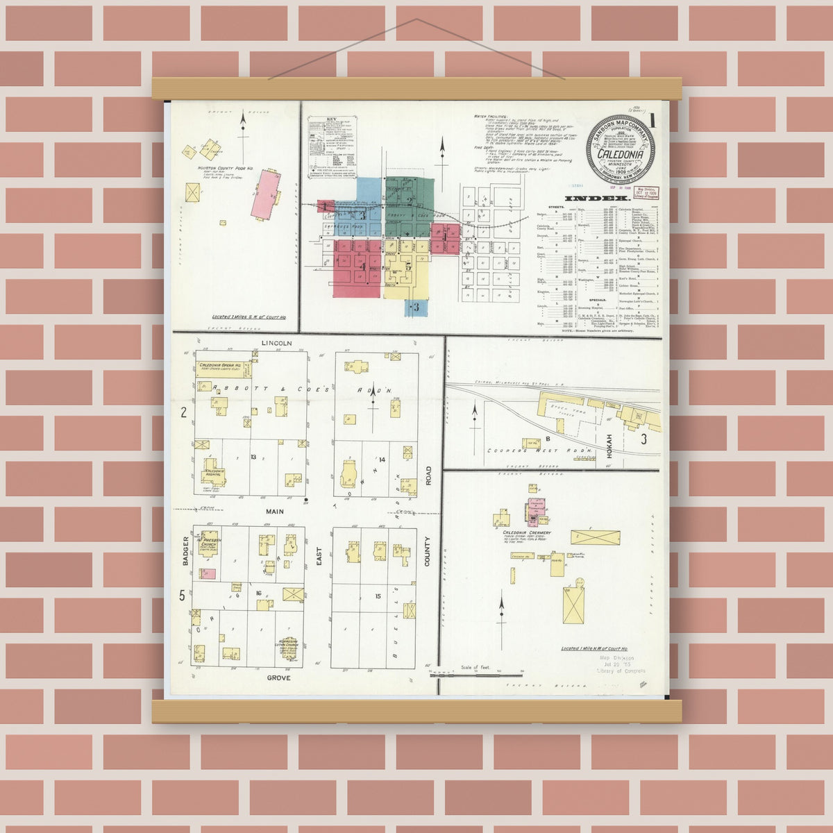 Old map wall art mockup — magnetic wood frame on brick wall — Sanborn Fire Insurance Map from Caledonia, Houston County, Minnesota (1909) - Complete Map Set