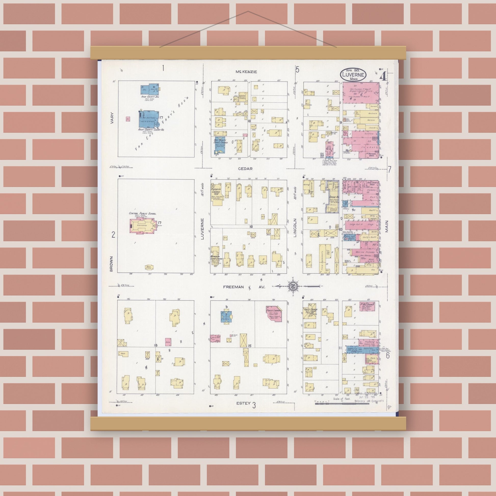 Old map wall art mockup — magnetic wood frame on brick wall — Sanborn Fire Insurance Map from Luverne, Rock County, Minnesota (1913), Sheet #0004