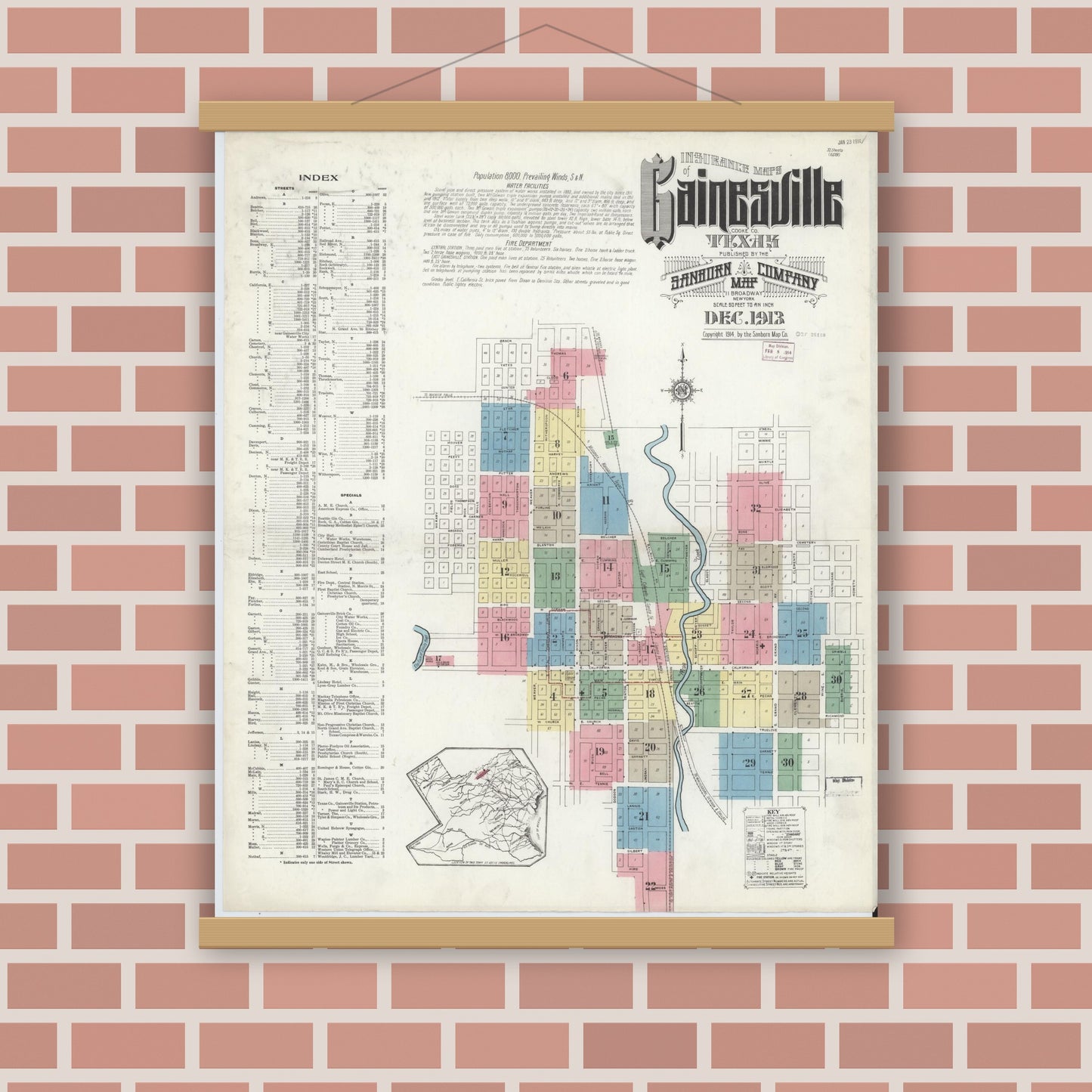 Old map wall art mockup — magnetic wood frame on brick wall — Sanborn Fire Insurance Map from Gainesville, Cooke County, Texas (1913) - Complete Map Set