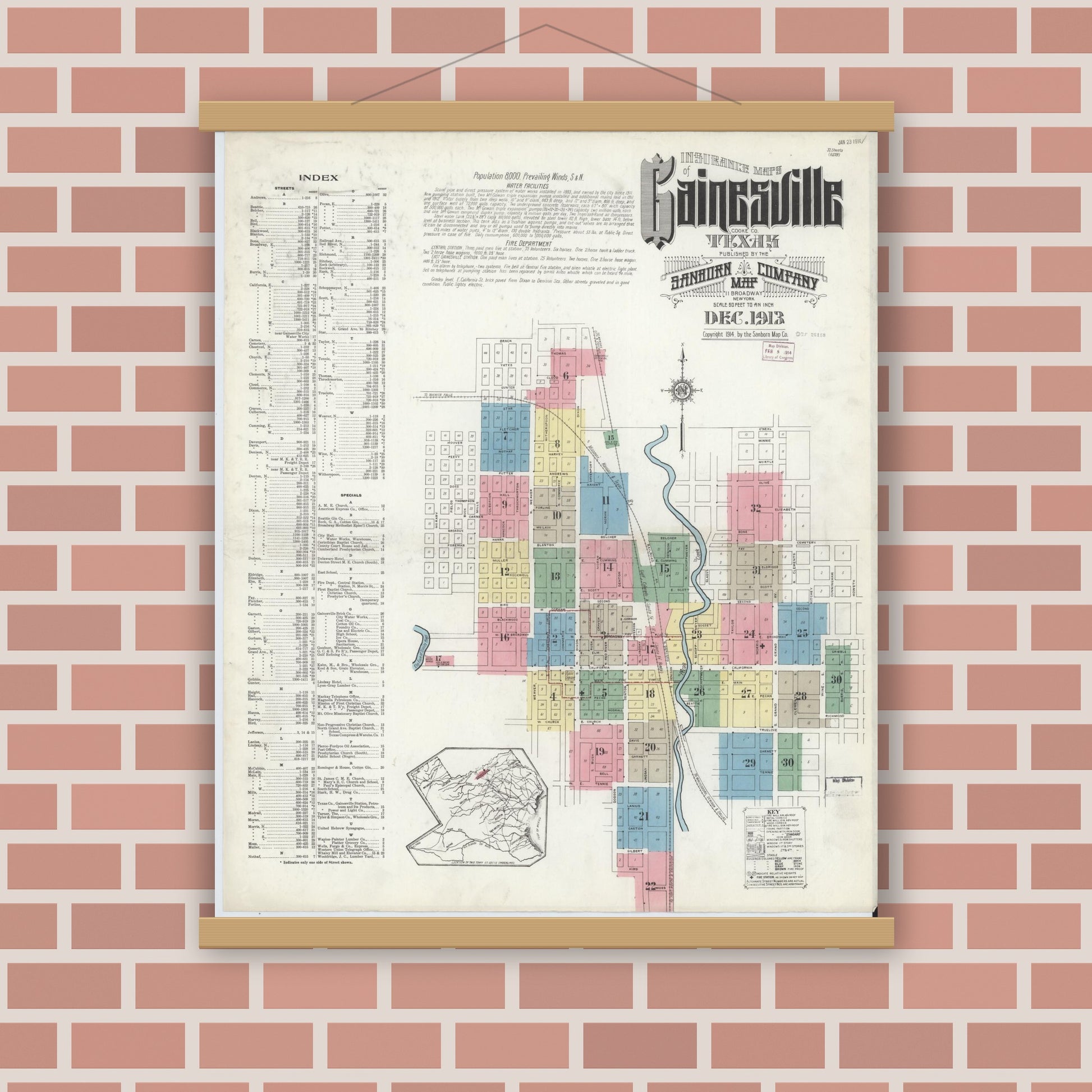 Old map wall art mockup — magnetic wood frame on brick wall — Sanborn Fire Insurance Map from Gainesville, Cooke County, Texas (1913) - Complete Map Set