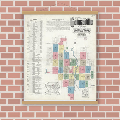 Old map wall art mockup — magnetic wood frame on brick wall — Sanborn Fire Insurance Map from Gainesville, Cooke County, Texas (1913) - Complete Map Set