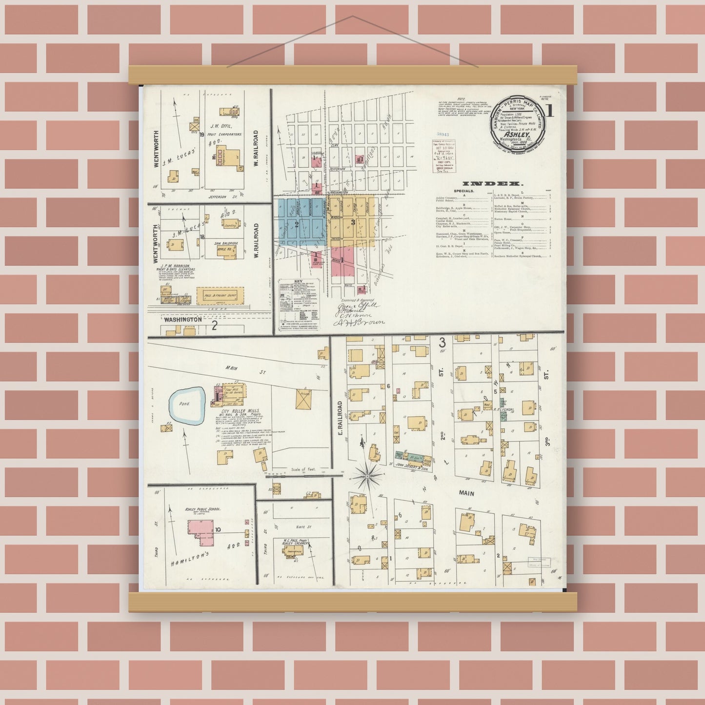 Old map wall art mockup — magnetic wood frame on brick wall — Sanborn Fire Insurance Map from Ashley, Washington County, Illinois (1900) - Complete Map Set