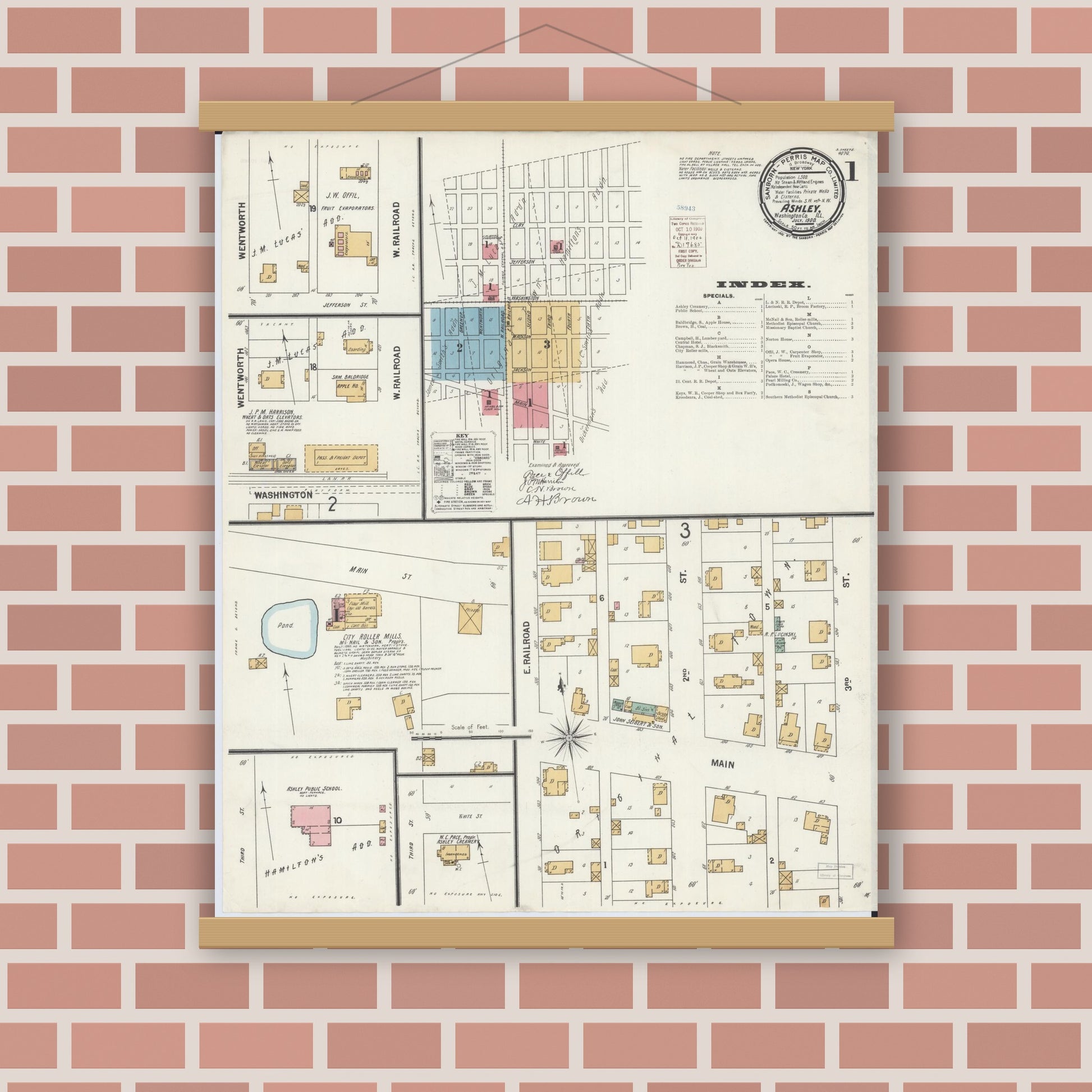 Old map wall art mockup — magnetic wood frame on brick wall — Sanborn Fire Insurance Map from Ashley, Washington County, Illinois (1900) - Complete Map Set