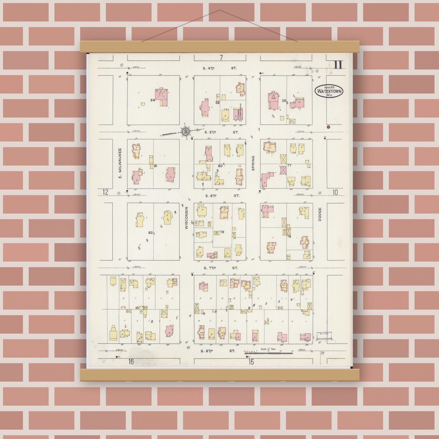 Old map wall art mockup — magnetic wood frame on brick wall — Sanborn Fire Insurance Map from Watertown, Jefferson County, Wisconsin (1915), Sheet #0012
