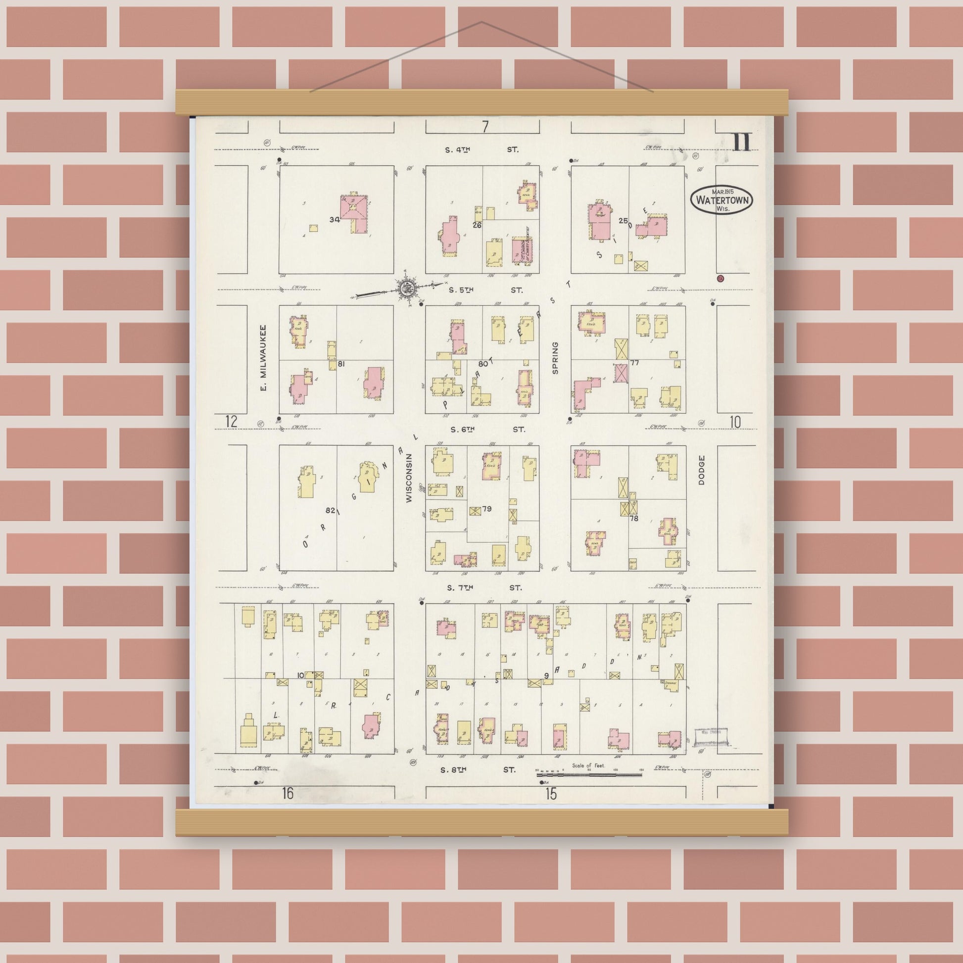 Old map wall art mockup — magnetic wood frame on brick wall — Sanborn Fire Insurance Map from Watertown, Jefferson County, Wisconsin (1915), Sheet #0012