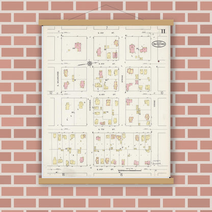 Old map wall art mockup — magnetic wood frame on brick wall — Sanborn Fire Insurance Map from Watertown, Jefferson County, Wisconsin (1915), Sheet #0012