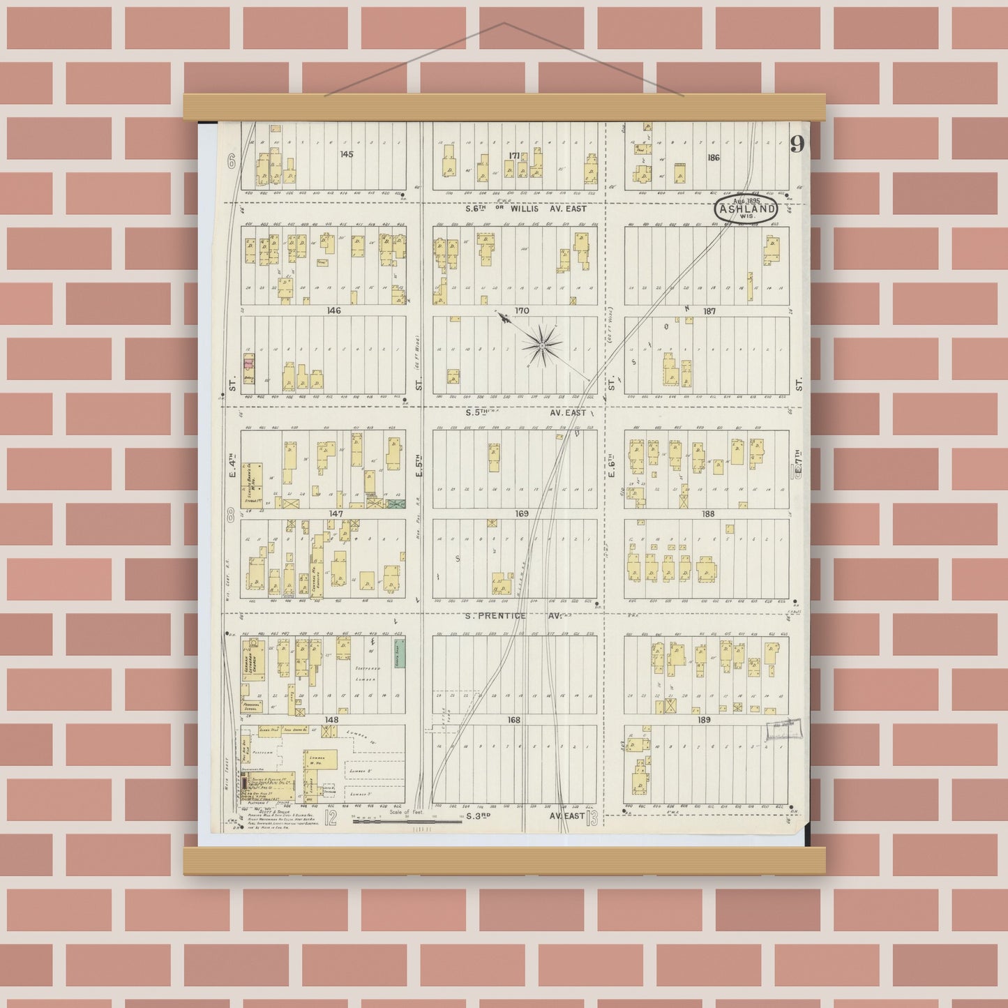 Old map wall art mockup — magnetic wood frame on brick wall — Sanborn Fire Insurance Map from Ashland, Ashland County, Wisconsin (1895), Sheet #0009