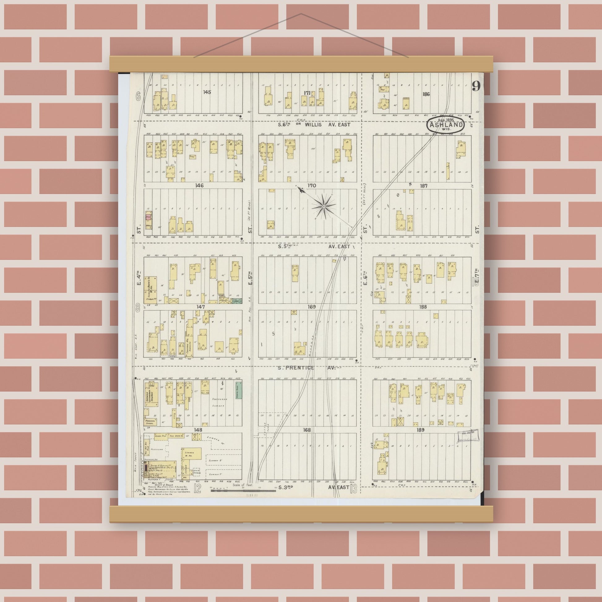 Old map wall art mockup — magnetic wood frame on brick wall — Sanborn Fire Insurance Map from Ashland, Ashland County, Wisconsin (1895), Sheet #0009