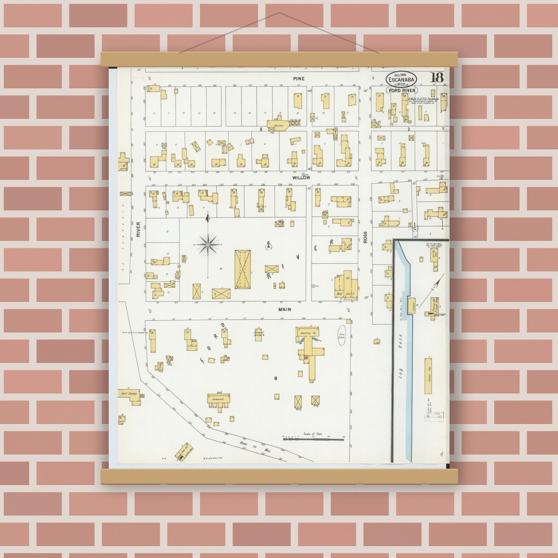 Old map wall art mockup — magnetic wood frame on brick wall — Sanborn Fire Insurance Map from Escanaba, Delta County, Michigan (1899), Sheet #0018