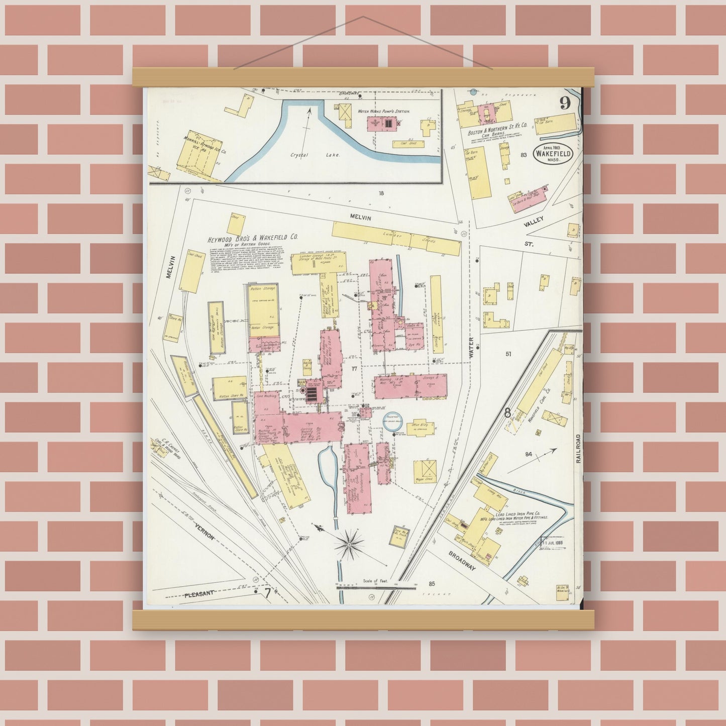Old map wall art mockup — magnetic wood frame on brick wall — Sanborn Fire Insurance Map from Wakefield, Middlesex County, Massachusetts (1903), Sheet #0009