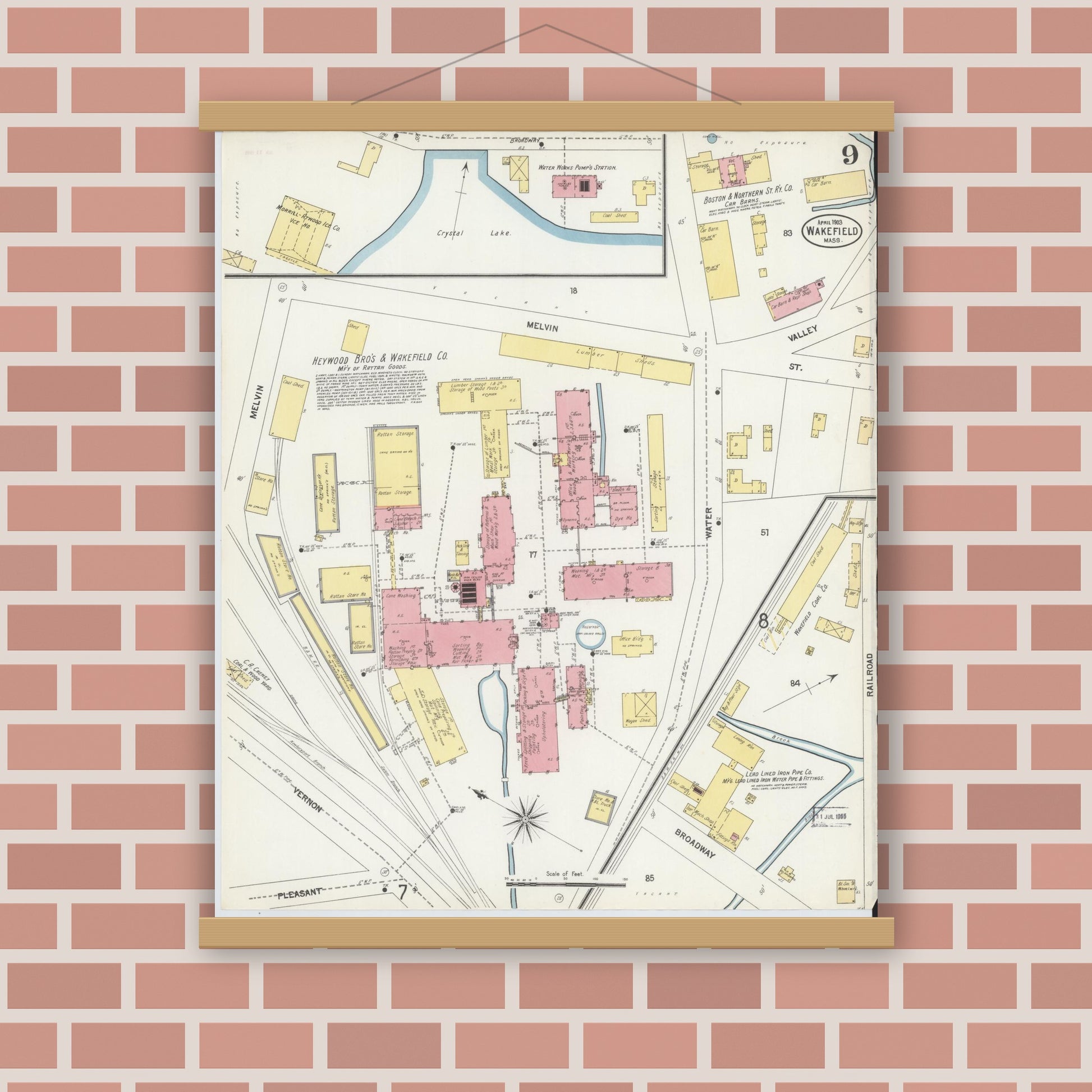 Old map wall art mockup — magnetic wood frame on brick wall — Sanborn Fire Insurance Map from Wakefield, Middlesex County, Massachusetts (1903), Sheet #0009