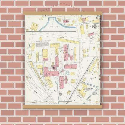 Old map wall art mockup — magnetic wood frame on brick wall — Sanborn Fire Insurance Map from Wakefield, Middlesex County, Massachusetts (1903), Sheet #0009
