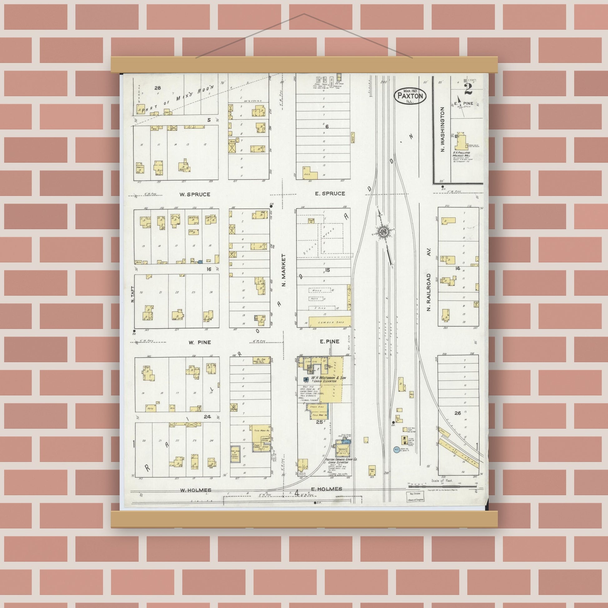 Old map wall art mockup — magnetic wood frame on brick wall — Sanborn Fire Insurance Map from Paxton, Ford County, Illinois (1921), Sheet #0002
