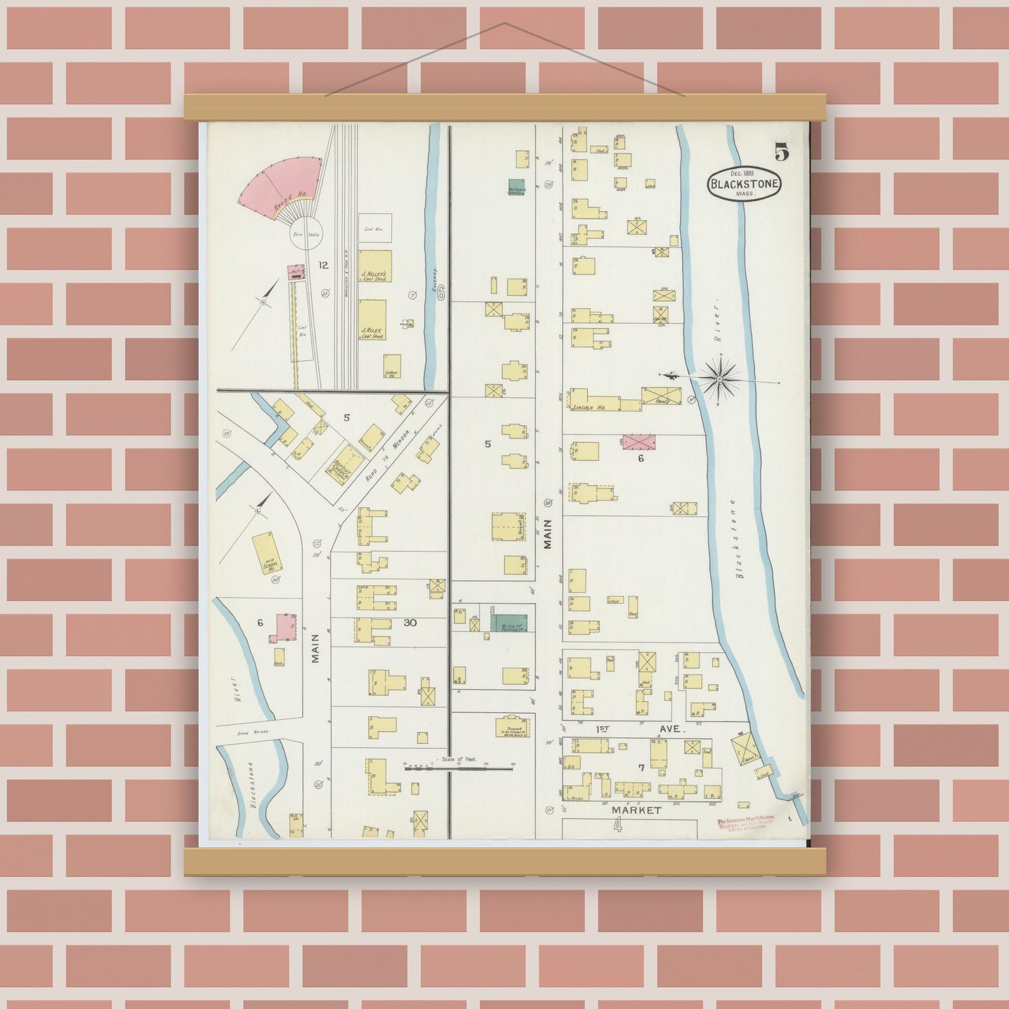 Old map wall art mockup — magnetic wood frame on brick wall — Sanborn Fire Insurance Map from Blackstone, Worcester County, Massachusetts (1893), Sheet #0005