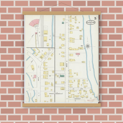 Old map wall art mockup — magnetic wood frame on brick wall — Sanborn Fire Insurance Map from Blackstone, Worcester County, Massachusetts (1893), Sheet #0005