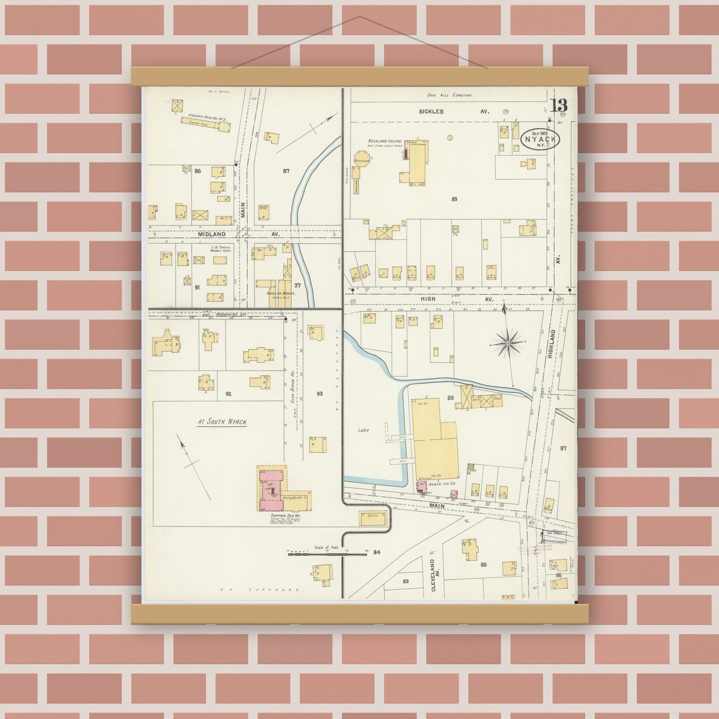 Old map wall art mockup — magnetic wood frame on brick wall — Sanborn Fire Insurance Map from Nyack, Rockland County, New York. (1903), Sheet #0013