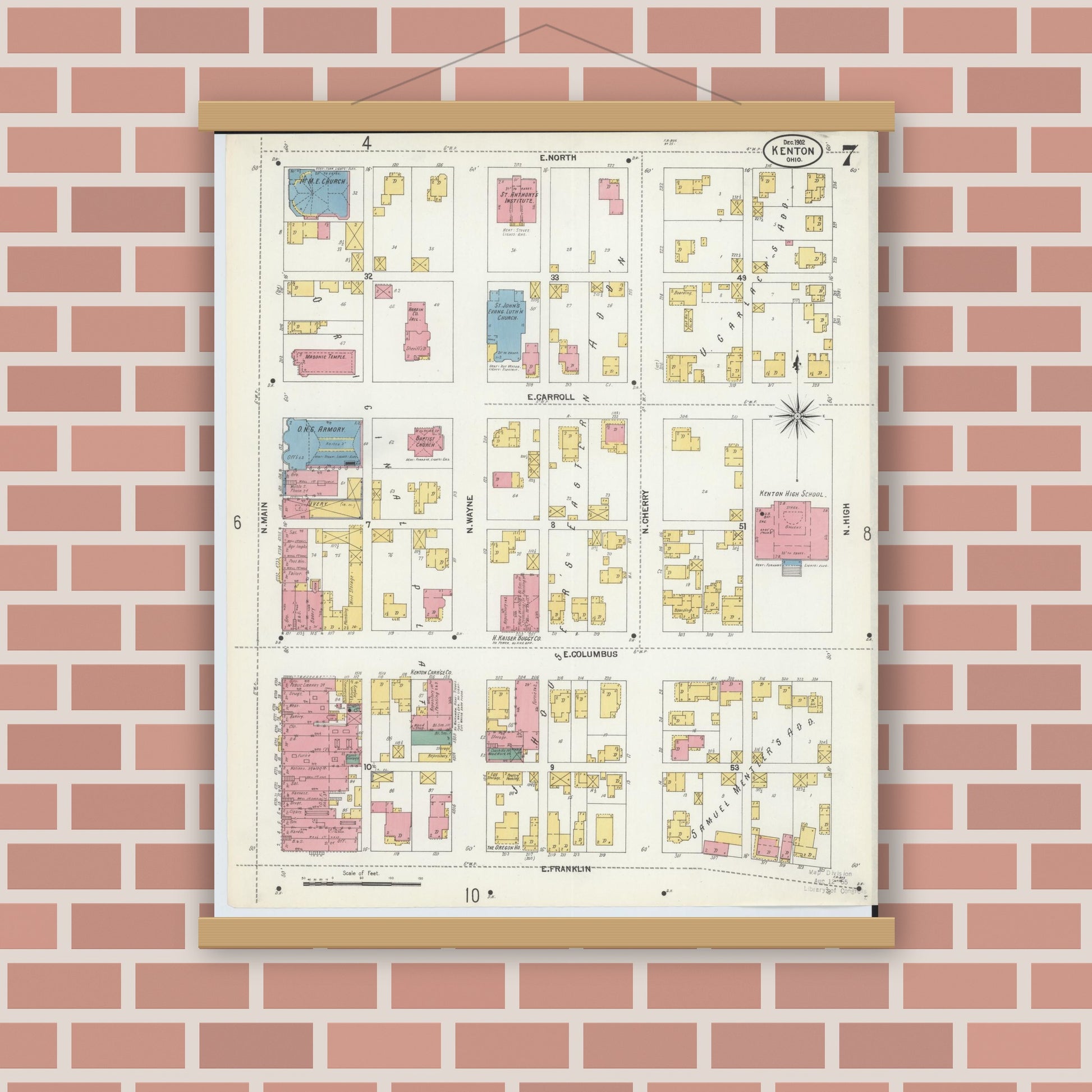 Old map wall art mockup — magnetic wood frame on brick wall — Sanborn Fire Insurance Map from Kenton, Hardin County, Ohio (1902), Sheet #0007