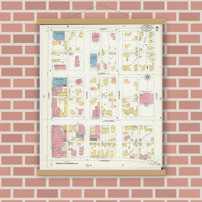 Old map wall art mockup — magnetic wood frame on brick wall — Sanborn Fire Insurance Map from Kenton, Hardin County, Ohio (1902), Sheet #0007