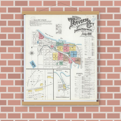 Old map wall art mockup — magnetic wood frame on brick wall — Sanborn Fire Insurance Map from Traverse City, Grand Traverse County, Michigan (1899) - Complete Map Set