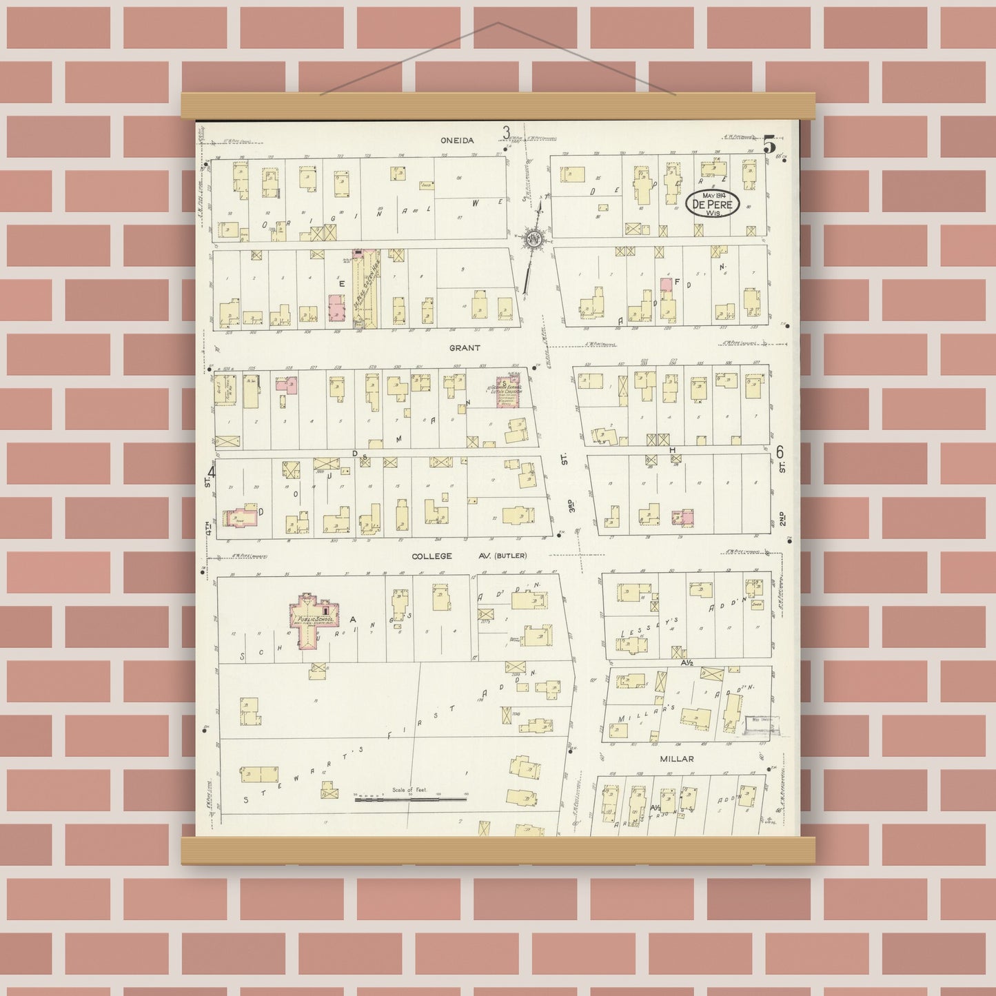 Old map wall art mockup — magnetic wood frame on brick wall — Sanborn Fire Insurance Map from De Pere, Brown County, Wisconsin (1914), Sheet #0005