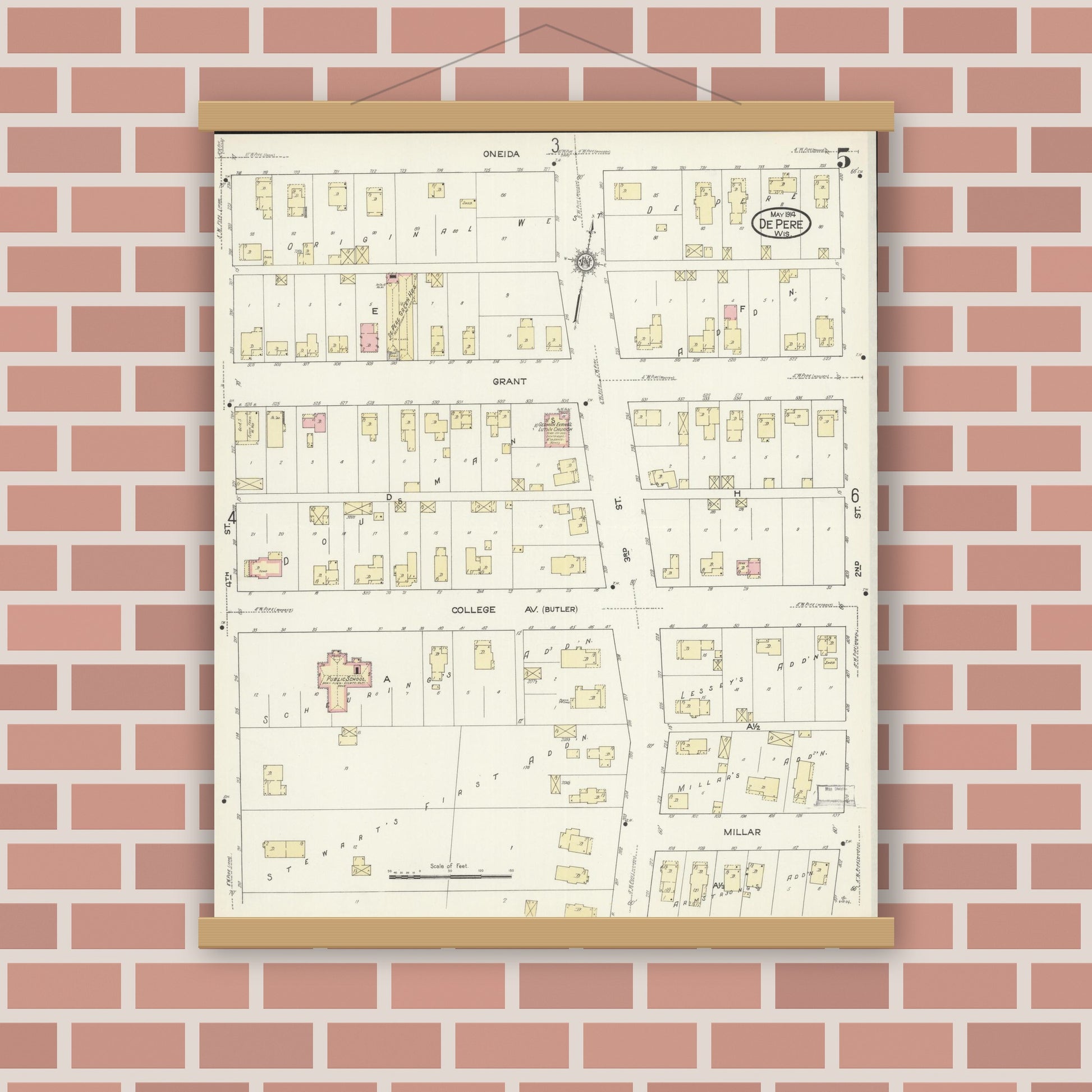 Old map wall art mockup — magnetic wood frame on brick wall — Sanborn Fire Insurance Map from De Pere, Brown County, Wisconsin (1914), Sheet #0005