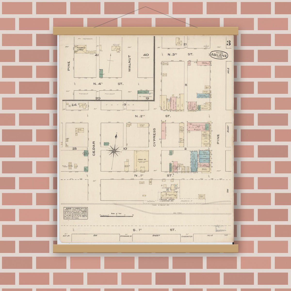 Old map wall art mockup — magnetic wood frame on brick wall — Sanborn Fire Insurance Map from Abilene, Taylor County, Texas (1885), Sheet #0003