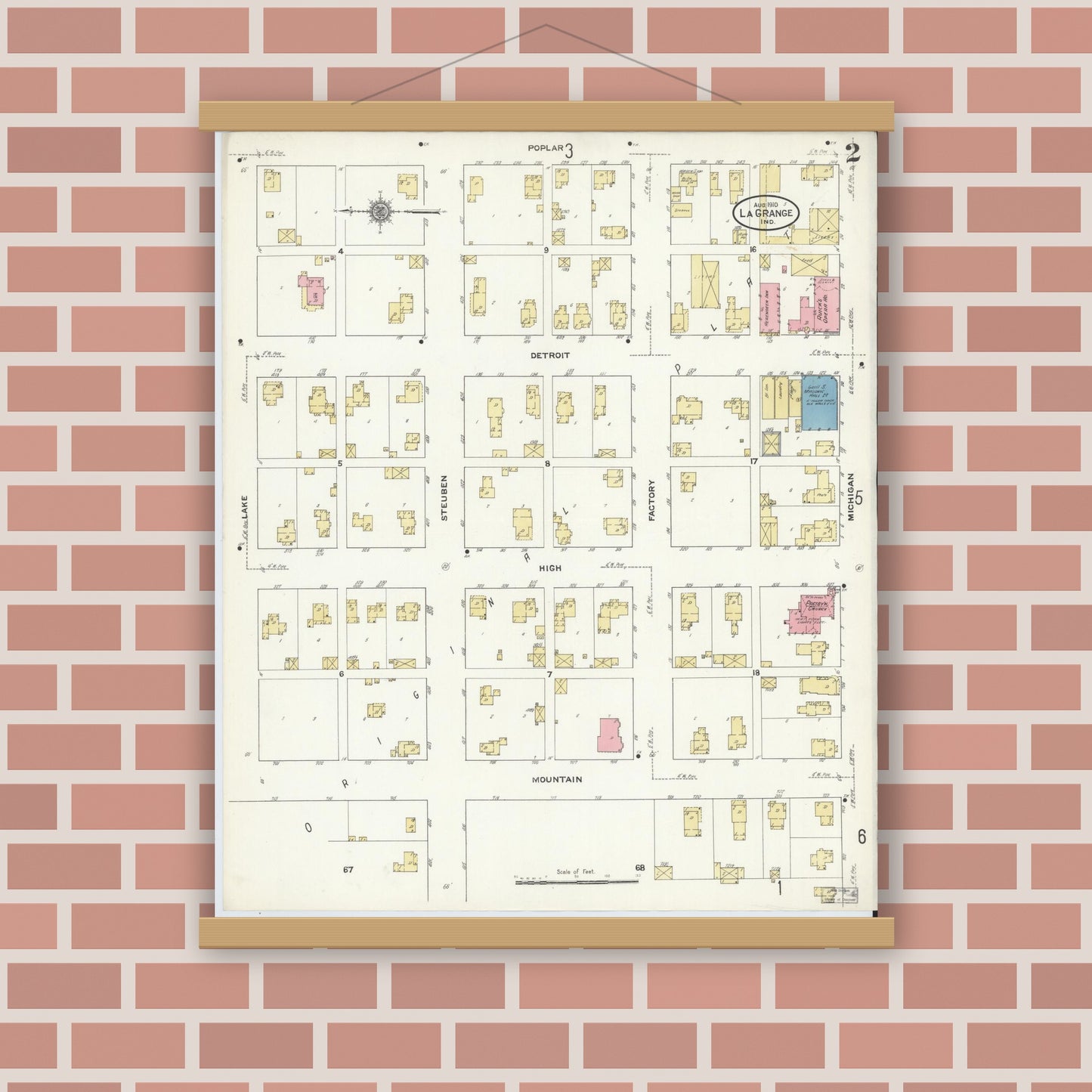 Old map wall art mockup — magnetic wood frame on brick wall — Sanborn Fire Insurance Map from Lagrange, LaGrange County, Indiana (1910), Sheet #0002