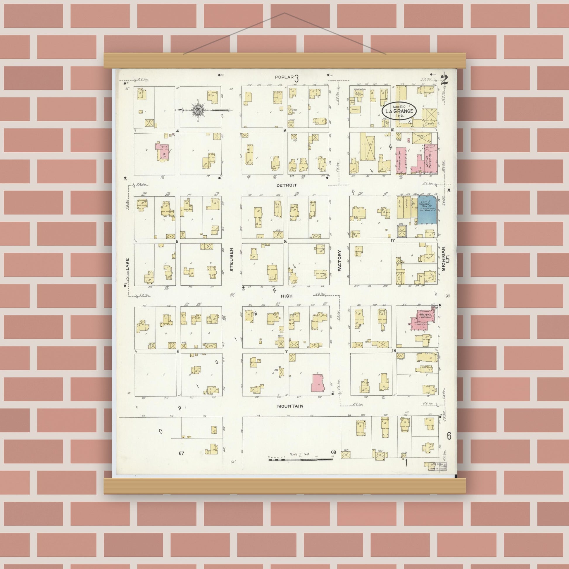 Old map wall art mockup — magnetic wood frame on brick wall — Sanborn Fire Insurance Map from Lagrange, LaGrange County, Indiana (1910), Sheet #0002