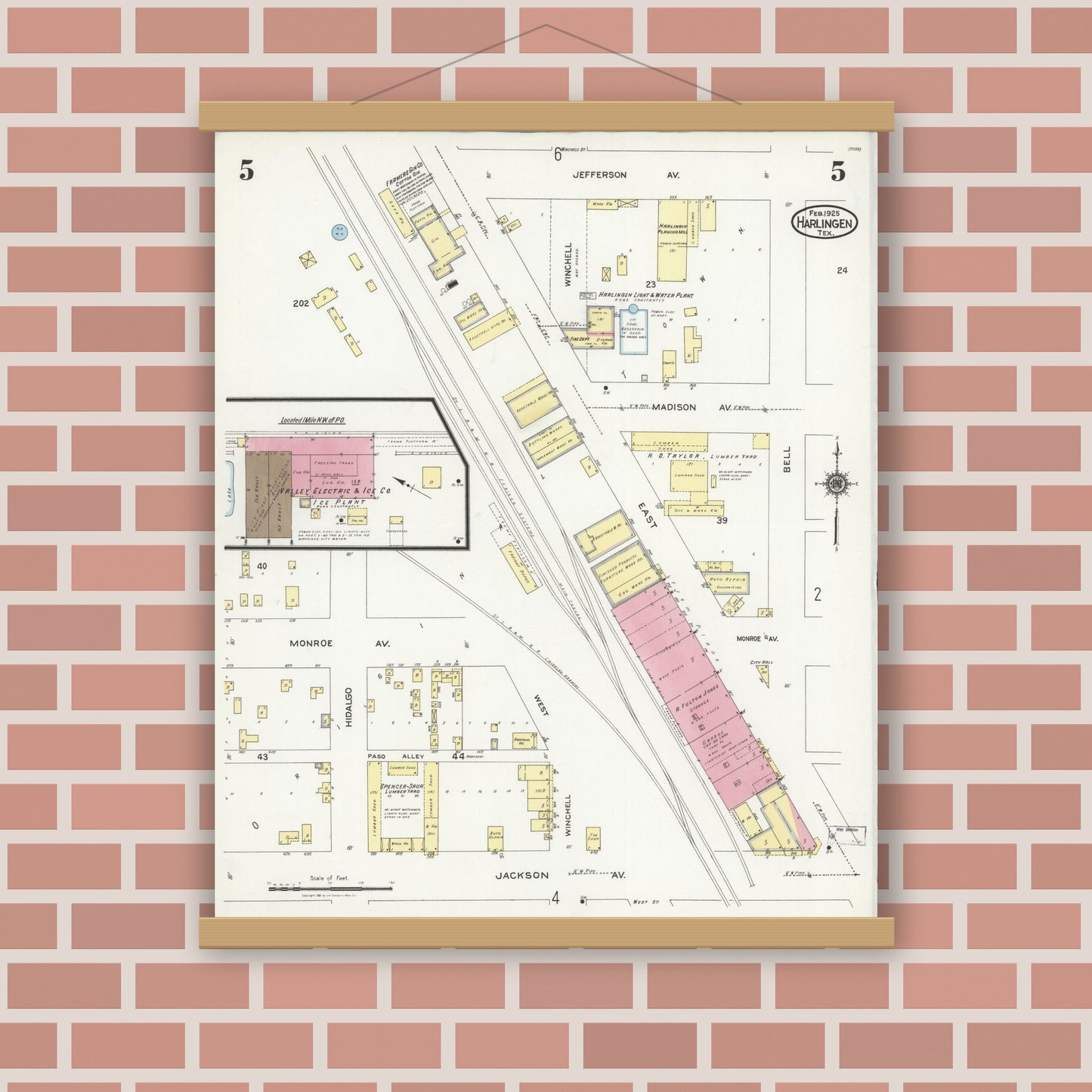 Old map wall art mockup — magnetic wood frame on brick wall — Sanborn Fire Insurance Map from Harlingen, Cameron County, Texas (1925), Sheet #0005